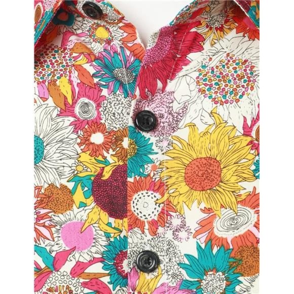 Mens Floral Dress Shirt Long Sleeve Printed Beige Multicolor - Picture 3 of 7